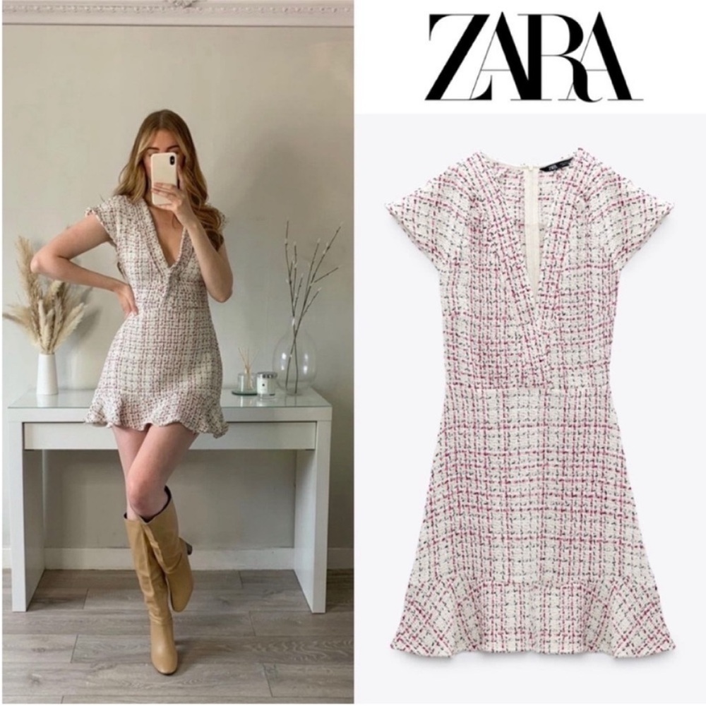 Blogger’s Favorite Zara Textured Weave Dress With Ruffle Trim. XS. NWT.